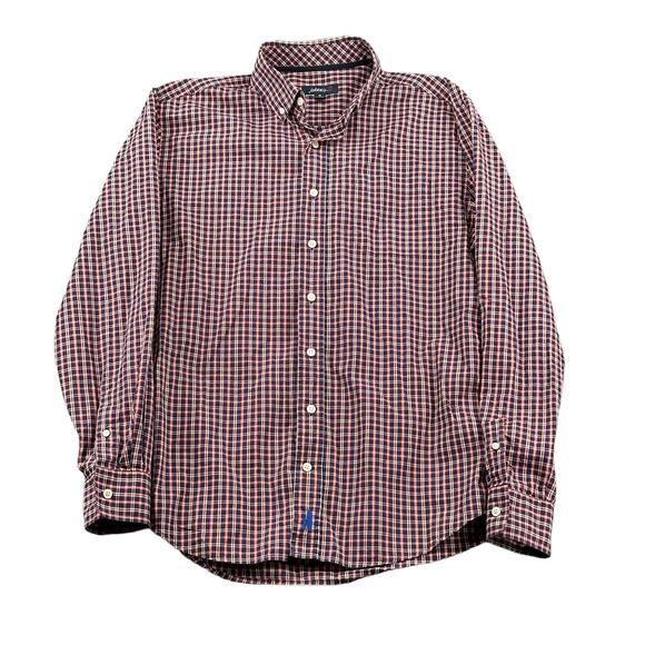 Johnnie O Shirt Mens Medium Red Blue Plaid Button Up 100% Cotton Casual Preppy - Picture 1 of 5
